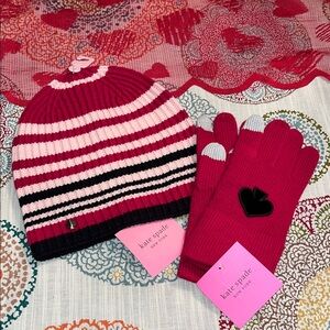 kate spade NWT! Pink and Black Striped Beanie and Gloves